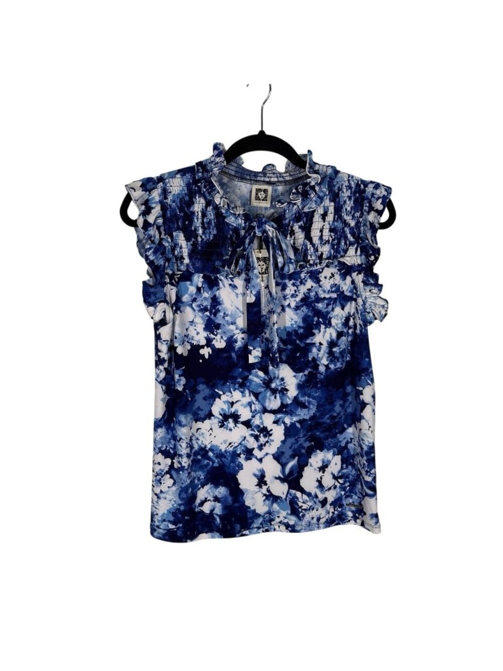 Anne Klein Women S Blue White Floral Jersey Smocked Tie Neck Blouse NWT